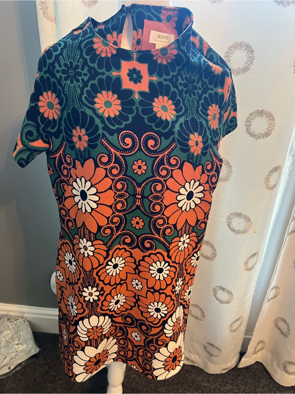 Anthropologie Maeve Floral Shift Dress in Orange, Navy & Green